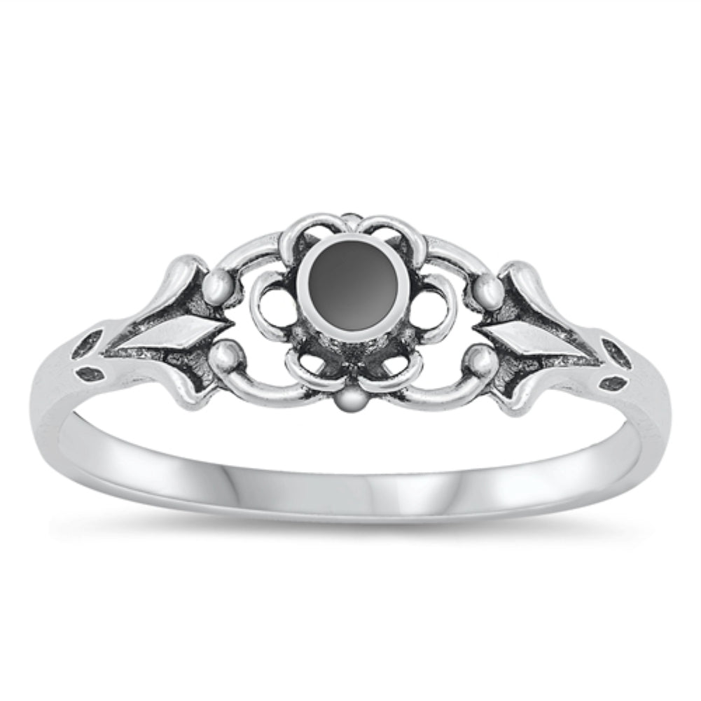 925 Sterling Silver Kids Midi Silver Ladies 4-10 Flower Fashion Size – Sterling Ring Black Onyx