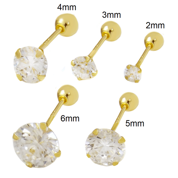 5mm CZ Round Studs, Baby/Children's Earrings, Screw Back - 14K Gold